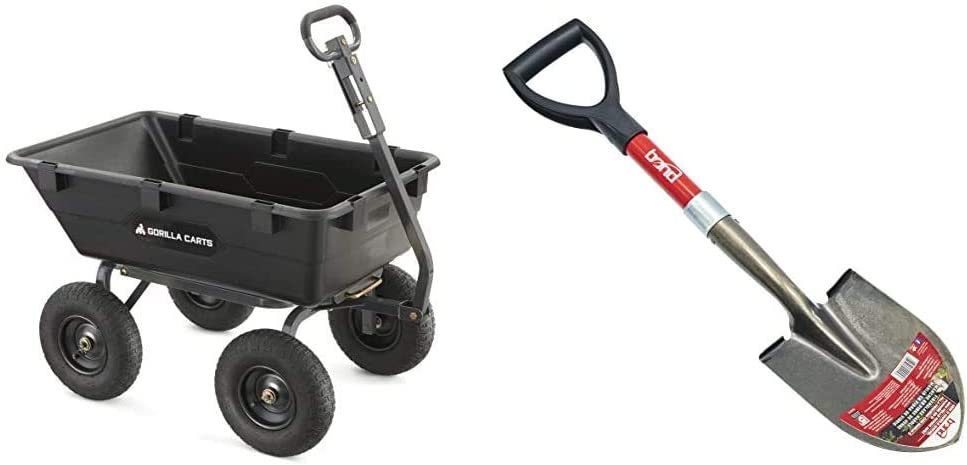 Gorilla Carts Heavy-Duty Poly Yard Dump Cart | 2-in-1 Convertible Handle, 1200 lbs Capacity | GOR6PS Model & Bond Manufacturing LH015 Mini D-Handle Round Point Shovel, 1-Pack, Red