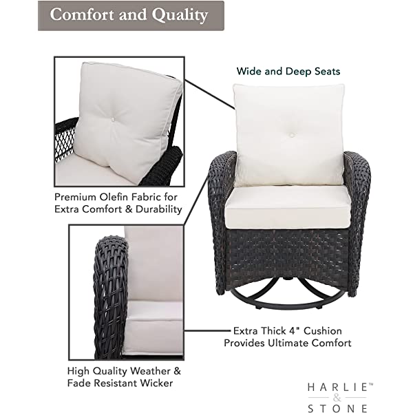 Harlie & Stone Outdoor Swivel Rocker Patio Chairs Set of 2 and Matching Side Table - 3 Piece Wicker Patio Bistro Set with Premium Fabric Cushions