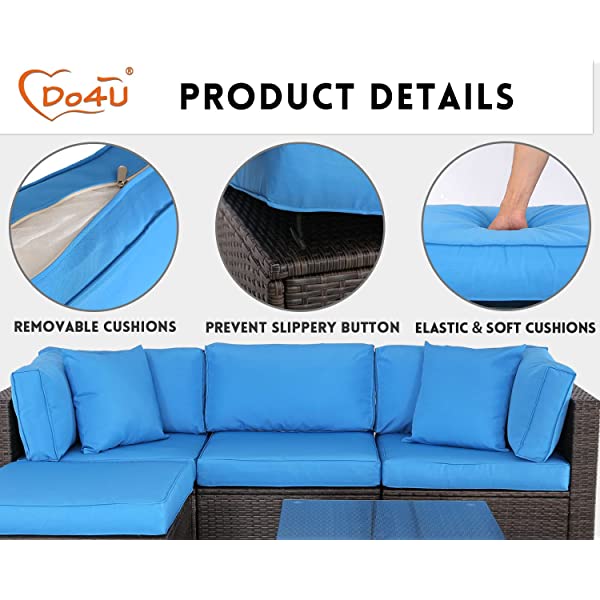 Do4U 5 Pieces Outdoor Patio Furniture Set PE Rattan Patio Set Porch Furniture Cushioned Patio Chairs Set Patio Conversation Set for Garden Balcony Porch Poolside Lawn (Blue)