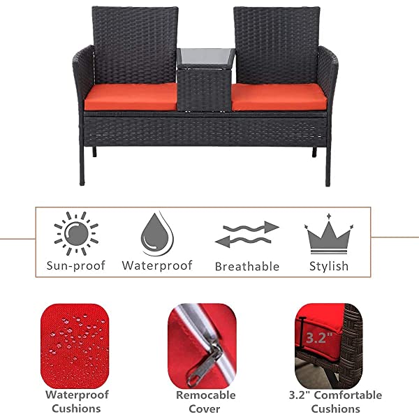 Outdoor Patio Loveseats, Patio Conversation Set with Cushions and Table, Wicker Sofa Set with Built-in Coffee Table, Tempered Glass Top, Modern Rattan Sofas for Garden Lawn Backyard Beige