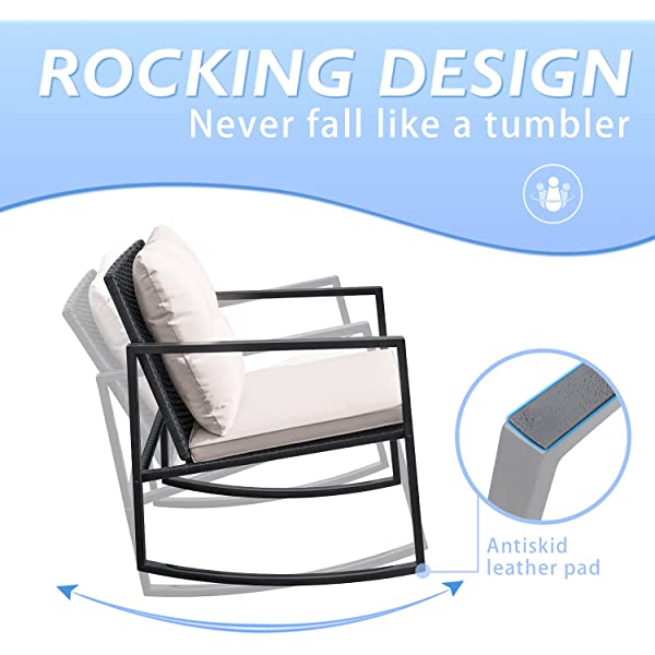 Greesum 3 Pieces Rocking Wicker Bistro Set, Patio Outdoor Furniture Conversation Sets with Porch Chairs and Glass Coffee Table, Beige