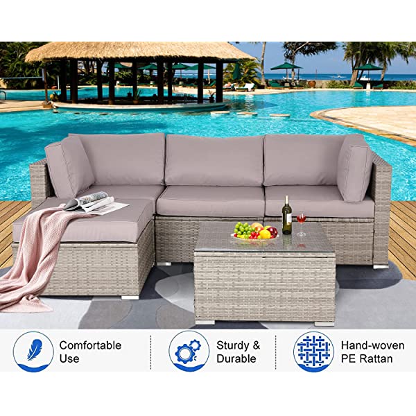 Do4U 5 Pieces Outdoor Patio Furniture Set PE Rattan Patio Set Porch Furniture Cushioned Patio Chairs Set Patio Conversation Set for Garden Balcony Porch Poolside Lawn (Blue)