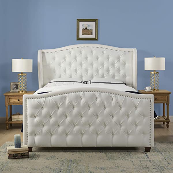 Jennifer Taylor Home Marcella Collection Queen Wingback Tufted Hand-Applied Nail Heads Upholstered Bed, Antique White Antique White Queen