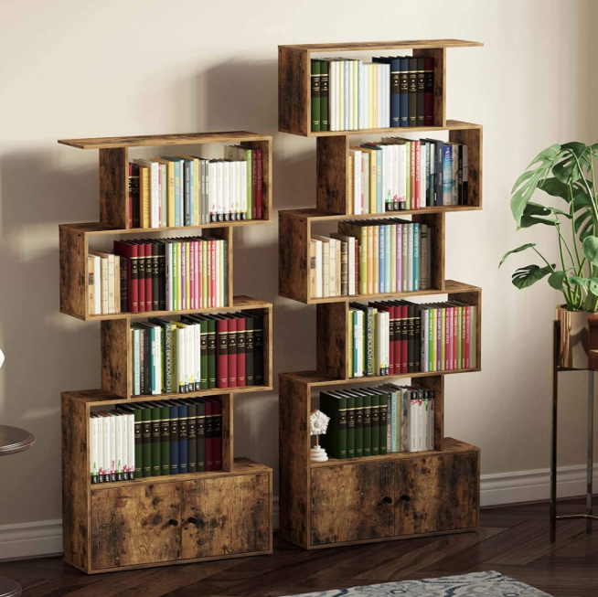 Rolanstar Bookshelf with Doors, 6-Tier Bookcase with Cabinet, Freestanding Bookshelves Storage Display Cabinet, Rustic Wood Bookshelf for Living Room, Bedroom, Home Office