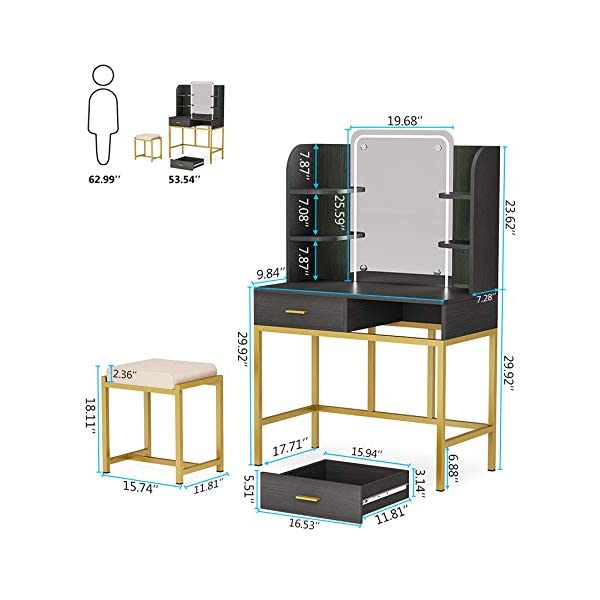Vanity Set with LED Lighted Mirror and Cushioned Stool, Large Vanity Table Dressing Table Desk with Storage Shelves and 2 Drawers for Bedroom (Gold/w Lights)