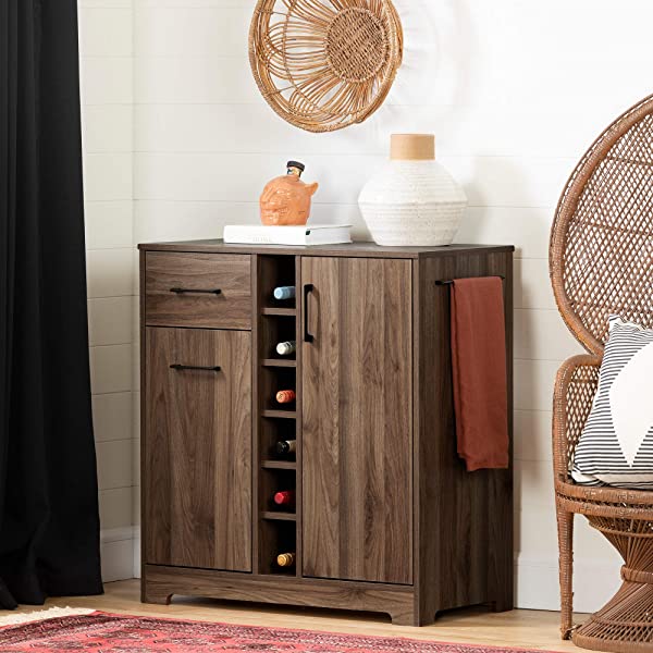 South Shore Bar Cabinet with Bottle and Glass Storage, Black Oak Black Oak Bar Cabinet