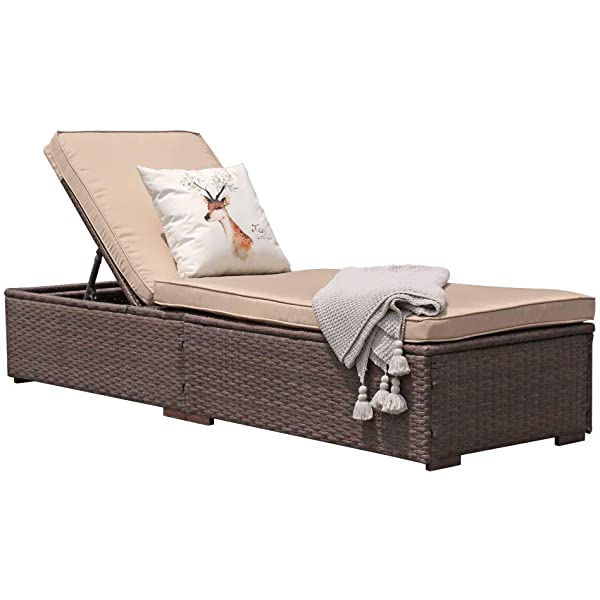 Patiorama Patio Chaise Lounge Chair, Sun Lounger, Outdoor Pool Beach Brown PE Rattan Wicker Reclining Chair W/Adjustable Backrest and Removable Cushion (Beige), Set of 2 2 Brown