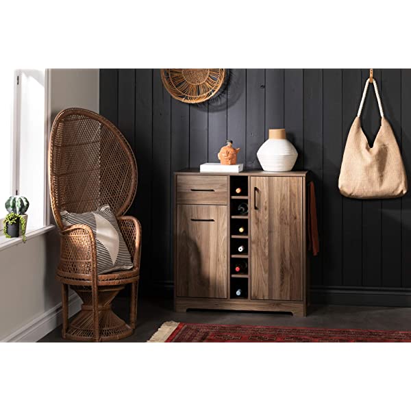 South Shore Bar Cabinet with Bottle and Glass Storage, Black Oak Black Oak Bar Cabinet