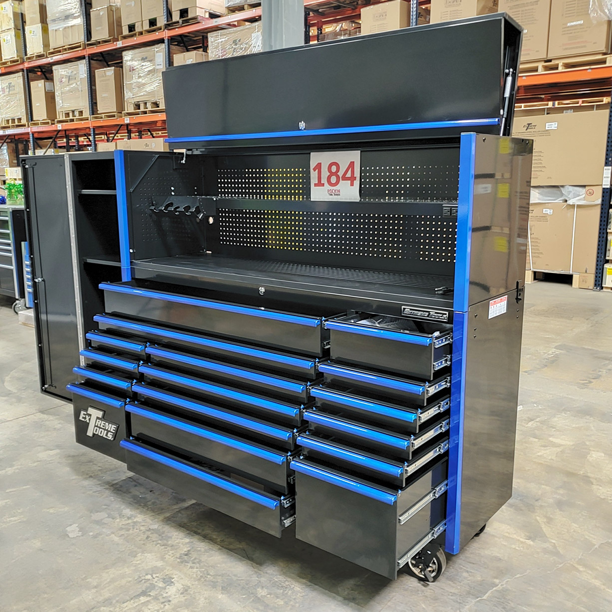 used toolboxScratch & Dent, Extreme Tools DX Series 72 x 21 Triple Bank Roller, Hutch & Side Locker Combo in Black-Blue
