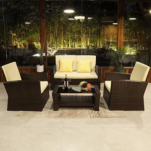 YITAHOME 4 Pieces Outdoor Furniture Sofa Set, PE Rattan Wicker Sectional Furniture Conversation Set with Cushions and Table for Porch Lawn Garden, Black