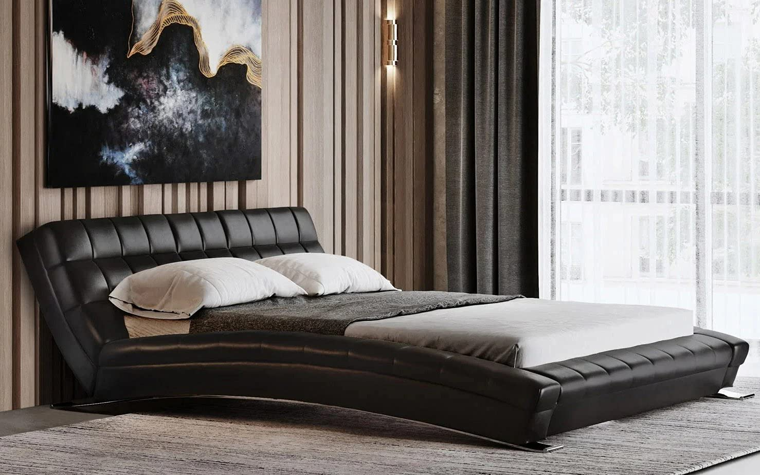【Furniture】Modern Adonis Black Tufted Genuine Leather Platform Bed - King