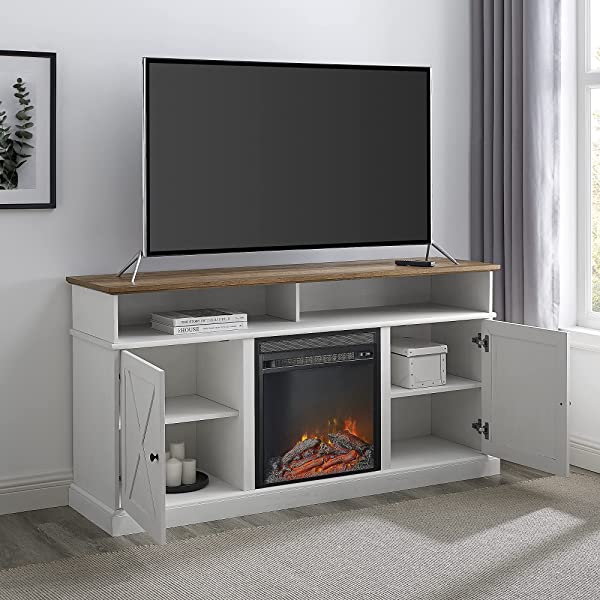 Walker Edison Richmond modern farmhouse sliding barn door TV stand for up to 52 inches, white and rustic oak white without fireplace 52 inches TV