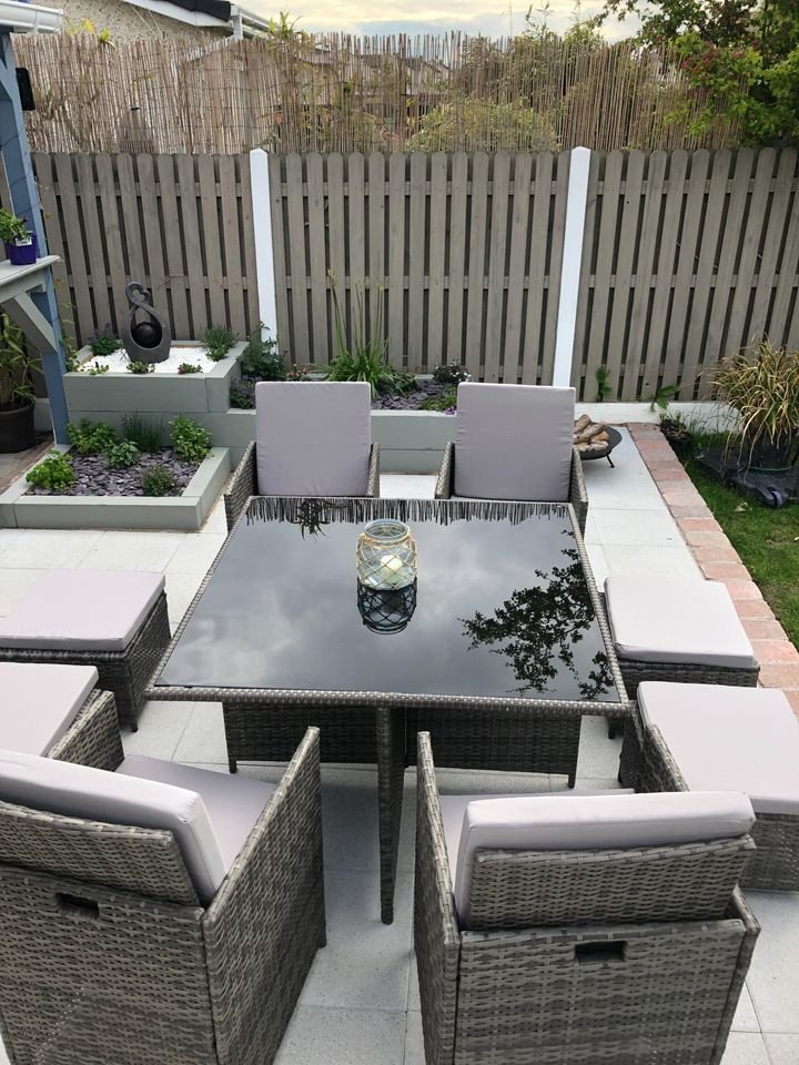 RayGar Deluxe 9 Piece 8 Seater Rattan Cube Dining Table Garden Furniture Patio Set (GreyGrey).