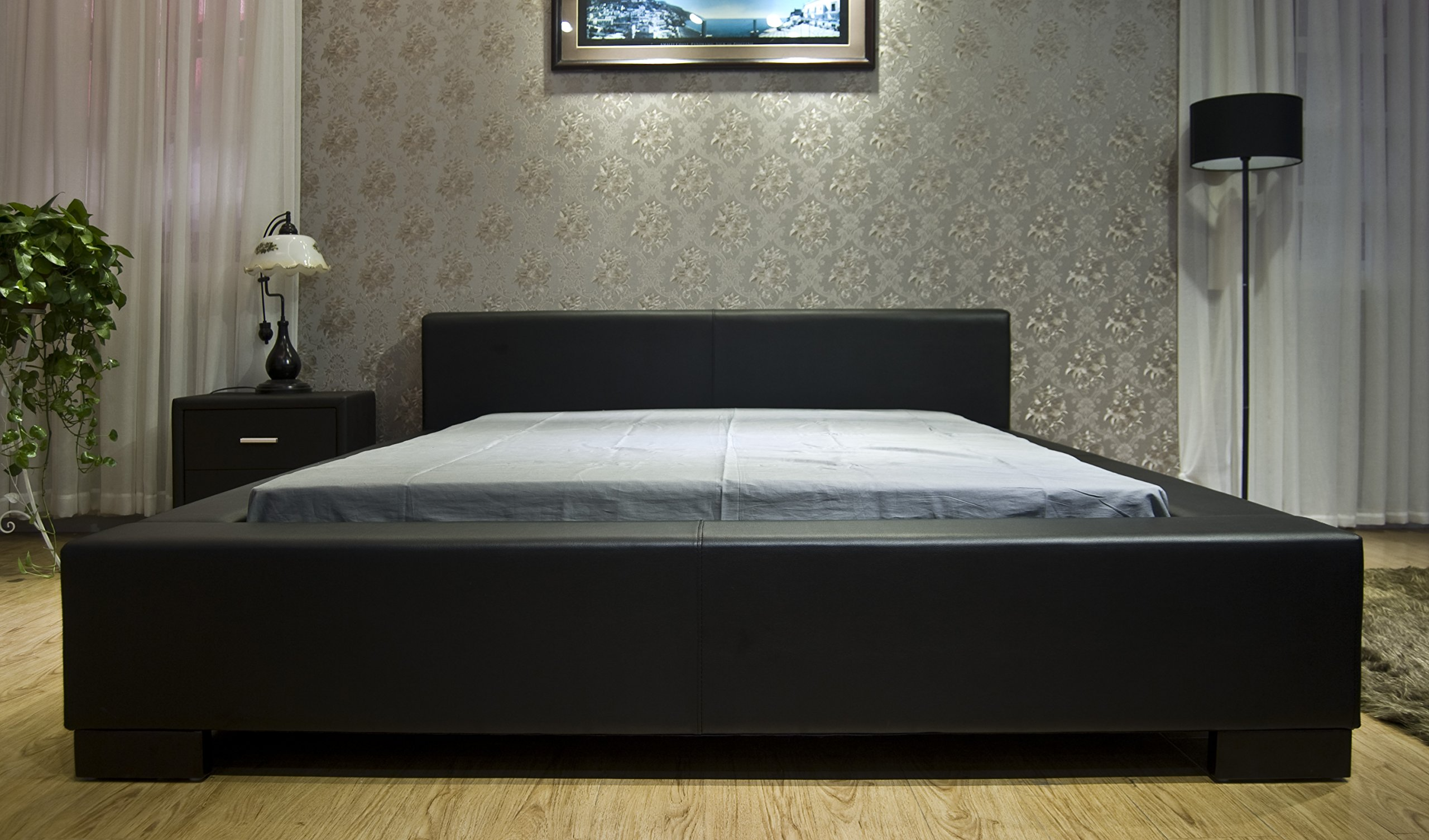 【Furniture】Classic Symmetrical Bed, California King Size Bed Frame, Color Black Upholstered Platform Bed