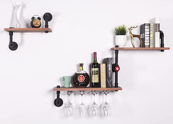 VEMEST 3 Tier Industrial Pipe Shelving Wall Mounted, Rustic Metal Storage Floating Shelves for Bedroom, Living Room, Bathroom, Farmhouse Kitchen Bar Shelving and Wall Shelf Unit Bookshelf.