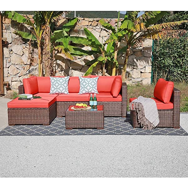 OC Orange-Casual 6-Piece Outdoor Patio Sectional Sofa Set Brown Wicker Furniture Set with Turquoise Seat Cushions & Tempered Glass Coffee Table