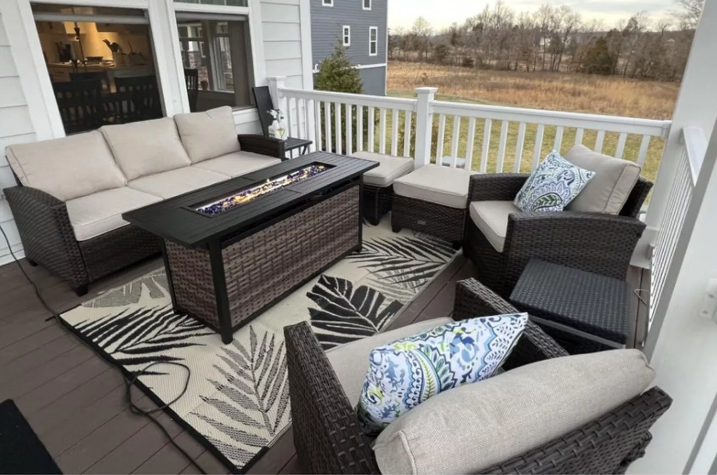 Seven Pieces Rattan Patio Furniture Set, Nine Seats Outdoor Wicker Sectional Con