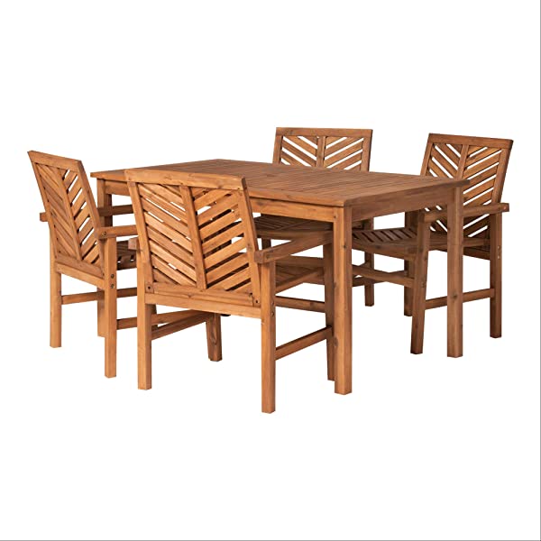Walker Edison 5 Person Outdoor Wood Chevron Patio Furniture Dining Set Table Chairs Bench All Weather Backyard Conversation Garden Poolside Balcony, 4 Piece, Brown Brown 4 Piece Dining Set