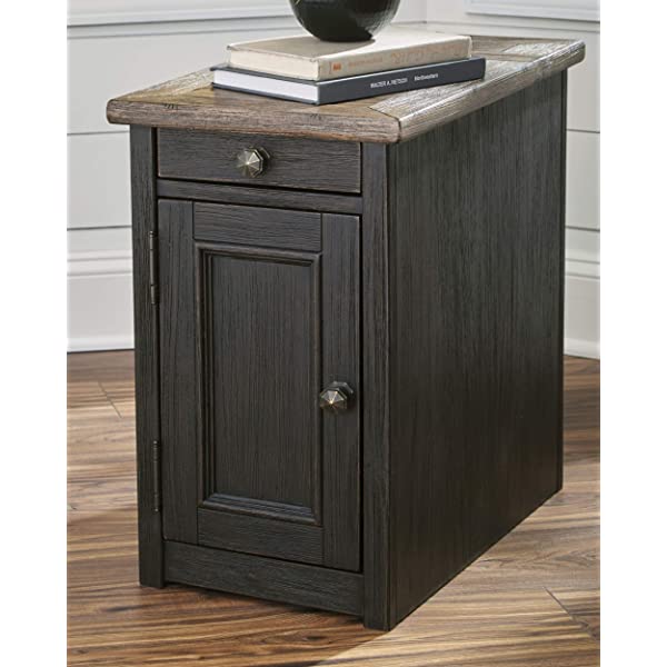 Signature Design by Ashley Tyler Creek Rustic Chair Side End Table with Pull-Out Tray & USB Ports, Brown Blackish Brown Table