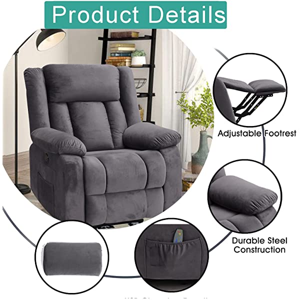 BINGTOO Power Lift Recliner Chair with Massage and Heat, Electric Fabric Vibration Massage Sofa for Elderly/Adult for Living Room, Lounge Sofa with Remote Control & USB, Velvet Blue