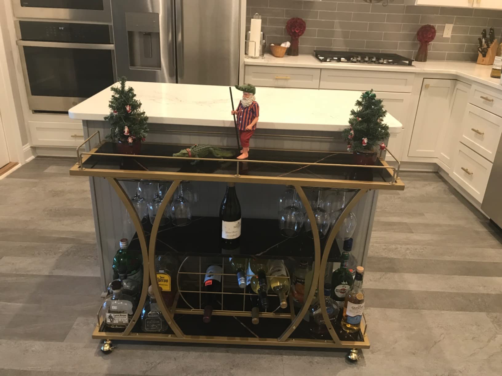 【Furniture】Bar Serving Cart with Glass Holder and Wine Rack, 3-Tier Kitchen Trolley, Mobile Wine Cart for Home
