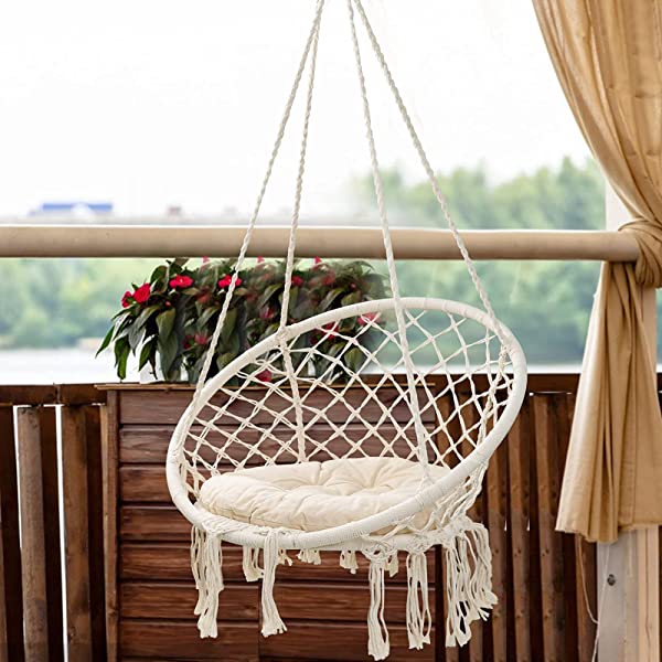 HBlife Hammock Chair, Hanging Swing with Macrame and Cushion, Max 330 Lbs, Beige Hanging Cotton Rope Chair for Indoor, Outdoor, Bedroom, Patio, Yard, Deck, Garden, Porch