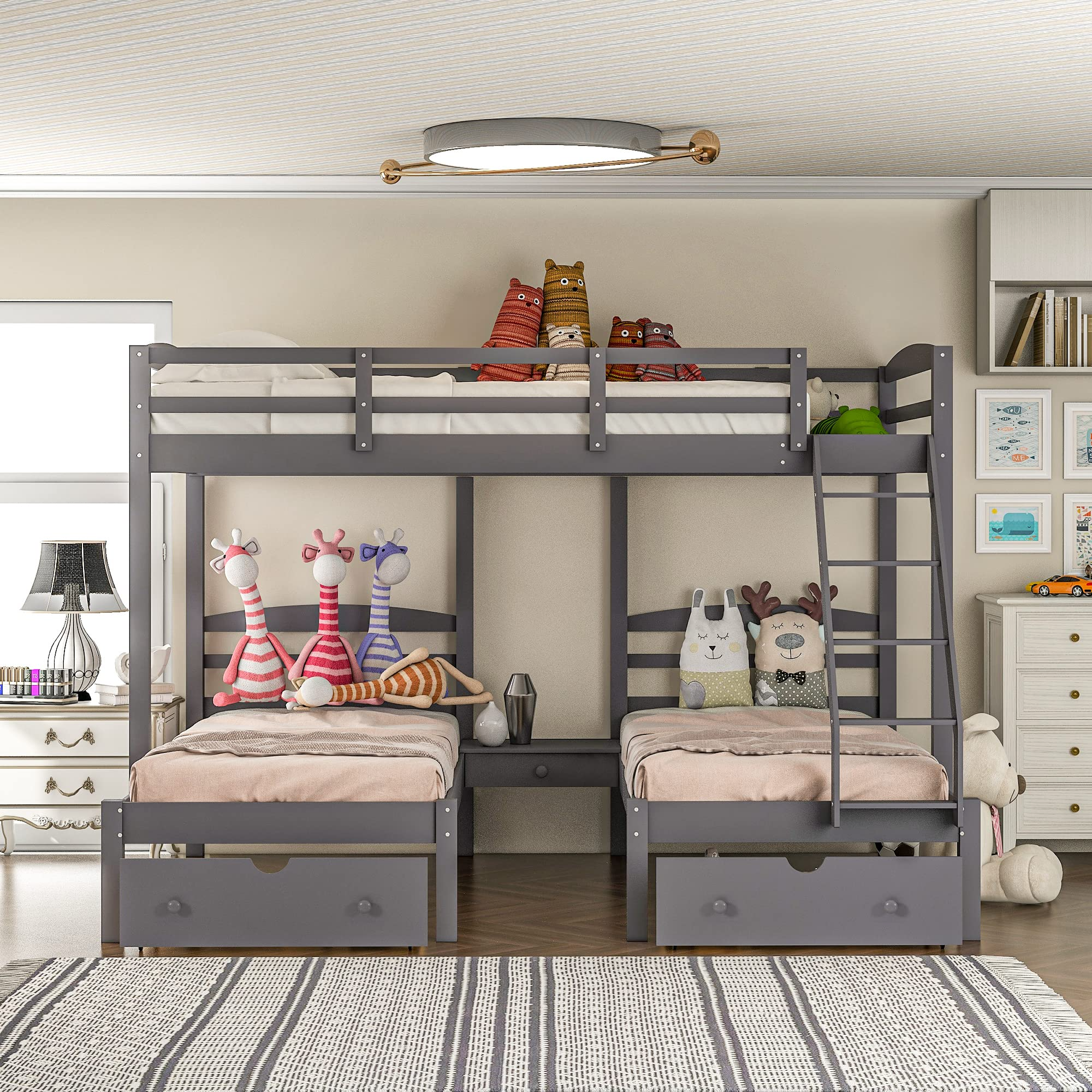 【Furniture】Triple Bunk Bed Full Over 2 Twin Bunk Bed with 3 Drawers & Guardrails, Bunk Bed for Family, Teens