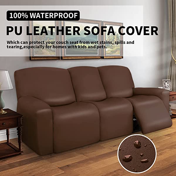 Easy-Going PU Leather Recliner Sofa Slipcovers, Waterproof Stretch Sofa Covers, 8 Pieces Stretch Furniture Protector, Elastic Strap Shield Pets Kids Children Cats Dogs Beige
