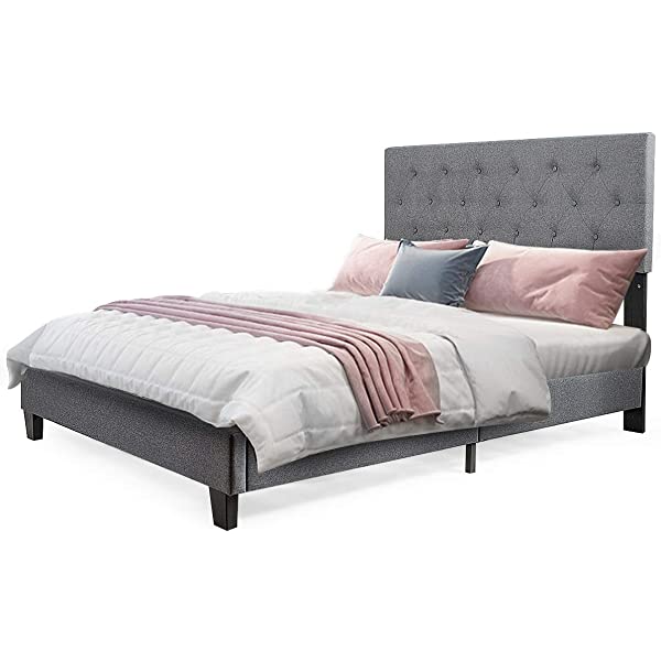 Giantex Shalini Upholstered Panel Platform Bed, Diamond Stitched Linen Panel Headboard, Metal Frame & 12 Strong Wooden Slat Support, Easy Assembly, Bed Mattress Foundation (Queen)