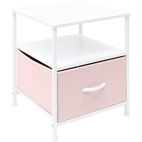 Sorbus Nightstand 1-Drawer Shelf Storage- Bedside Furniture & Accent End Table Chest for Home, Bedroom, Office, College Dorm, Steel Frame, Wood Top, Easy Pull Fabric Bins (Rustic Wood)