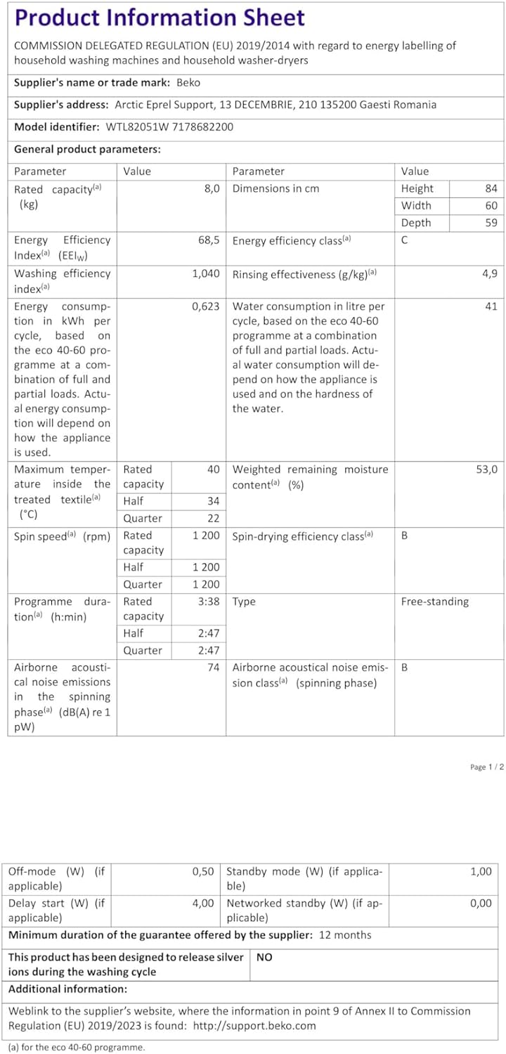 Beko WTL82051W Washing Machine | 8 kg Capacity 1200 rpm Spin Speed | C Rated Energy Class| White Colour, 28 Minute Quick Wash Technology | RecycledTub [Energy Class C]