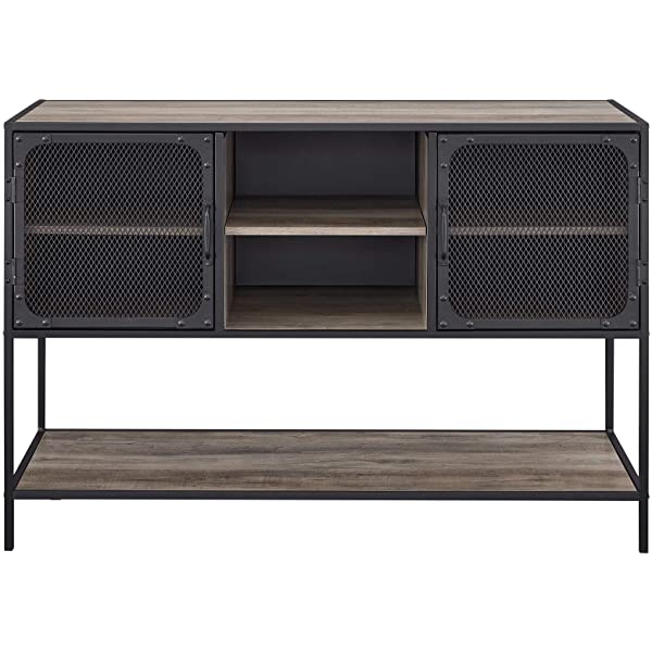 Walker Edison Malcomb Urban Industrial Metal Mesh Double Door Rolling Bar Cabinet, 33 Inch, Rustic Oak Rustic Oak 33 Inch