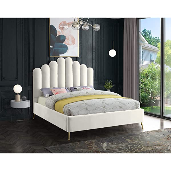 Meridian Furniture Lily Collection Modern | Contemporary Velvet Upholstered Bed with Deep Channel Tufting and Custom Gold Steel Legs, Queen, Cream Cream Queen