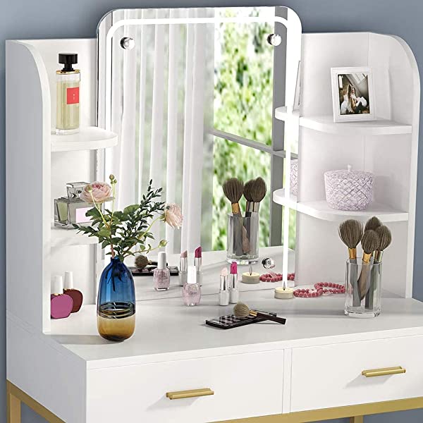 Vanity Set with LED Lighted Mirror and Cushioned Stool, Large Vanity Table Dressing Table Desk with Storage Shelves and 2 Drawers for Bedroom (Gold/w Lights)