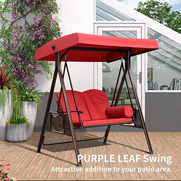 PURPLE LEAF 3-Seat Deluxe Outdoor Patio Porch Swing with Weather Resistant Steel Frame, Adjustable Tilt Canopy, Cushions and Pillow Included, Beige 74.4