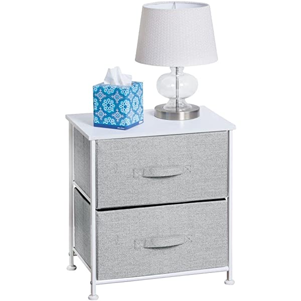 mDesign Storage Dresser End/Side Table Night Stand Furniture Unit - Small Standing Organizer for Bedroom, Office, Living Room, and Closet - 2 Drawer Removable Fabric Bins - Gray/White Grey