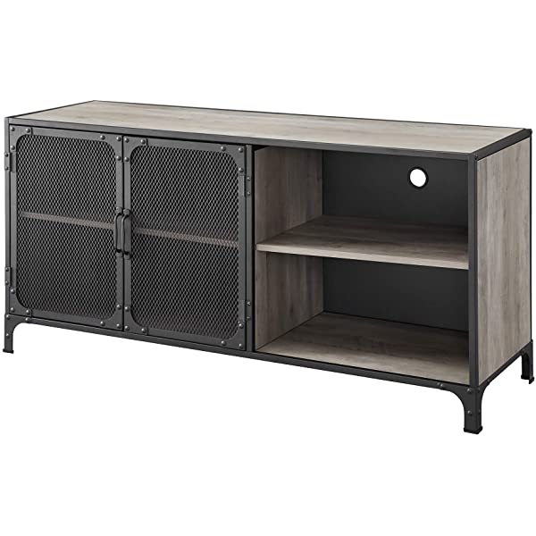 Walker Edison Malcomb Urban Industrial Metal Mesh Double Door Rolling Bar Cabinet, 33 Inch, Rustic Oak Rustic Oak 33 Inch