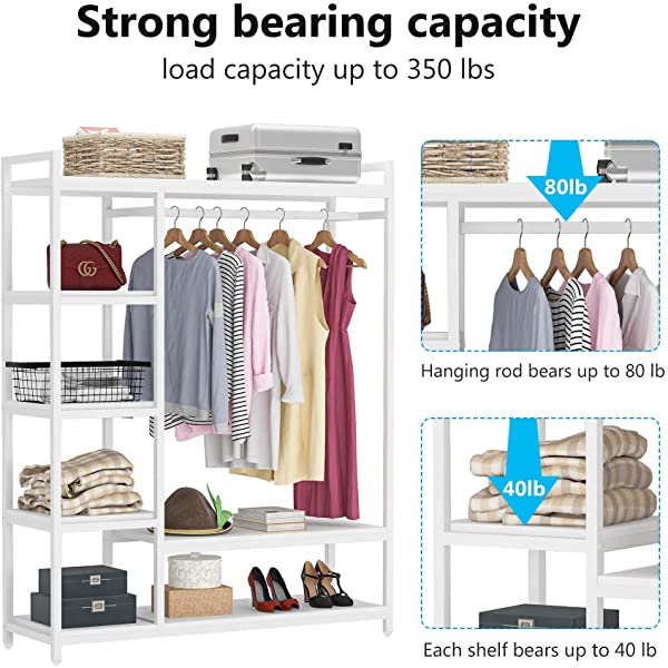 LITTLE TREE Free-Standing Closet Organizer, Heavy Duty Clothes Closet, Portable Garment Rack with 6 Shelves and Hanging Rod, Black Metal Frame&Rustic Board Finish Vingte &Black