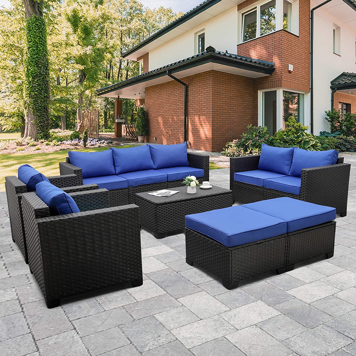 【Furniture】Patio Wicker Furniture Set 7 Pcs Outdoor PE Rattan Conversation Couch Sectional Chair Sofa Set
