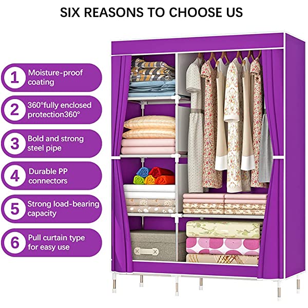 QUMENEY Wardrobe Storage Closet, Portable Clothes Standing Shelves Organizer, Extra Strong and Durable Non-Woven Fabric Rack with Hanging Rods, Quick and Easy to Assemble (Pink Dots)