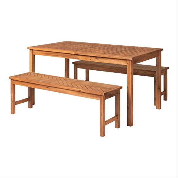 Walker Edison 5 Person Outdoor Wood Chevron Patio Furniture Dining Set Table Chairs Bench All Weather Backyard Conversation Garden Poolside Balcony, 4 Piece, Brown Brown 4 Piece Dining Set