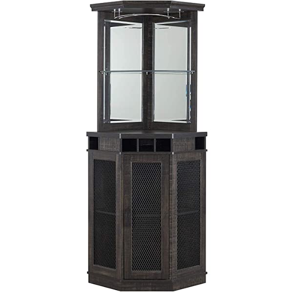 Home Source Stone Grey Corner Bar Unit with Built-in Wine Rack and Lower Cabinet