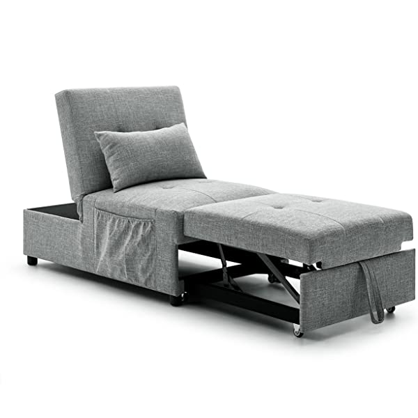 4-in-1 Sleeper Sofa Bed, HABITRIO Solid Wood Frame Polyester Upholstered Seating Couch w/A Pillow, Work As Ottoman, Single Chair, Sofabed and Chaise Lounge, Fit for Living Room, Bedroom (Grey)