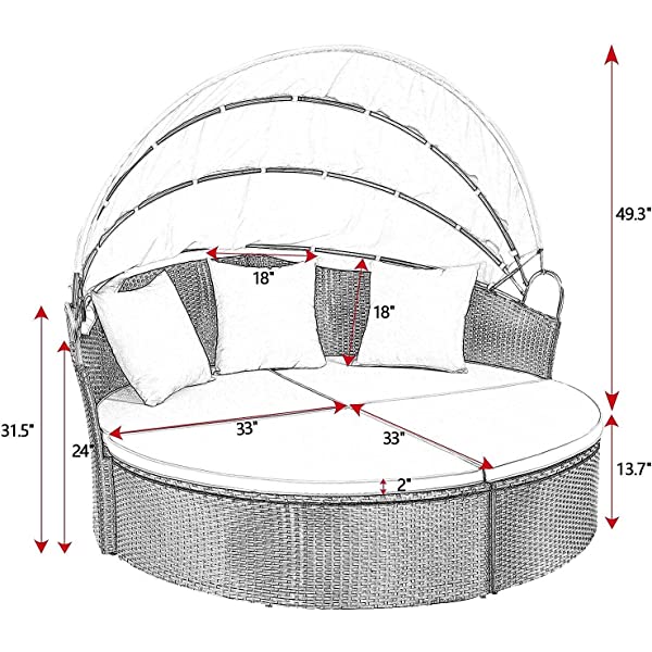 Homall Patio Furniture Outdoor Daybed with Retractable Canopy Rattan Wicker Furniture Sectional Seating with Washable Cushions for Patio Backyard Porch Pool Round Daybed Separated Seating (Beige)