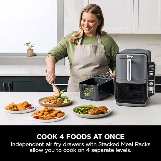 Ninja Double Stack XL Air Fryer, Vertical Dual Drawer AirFryer with 4 cooking levels, 2 Drawers and 2 Racks, Space Saving Design, 9.5L Capacity, 6 Cooking Functions, 8 Portions, GreySL400UK