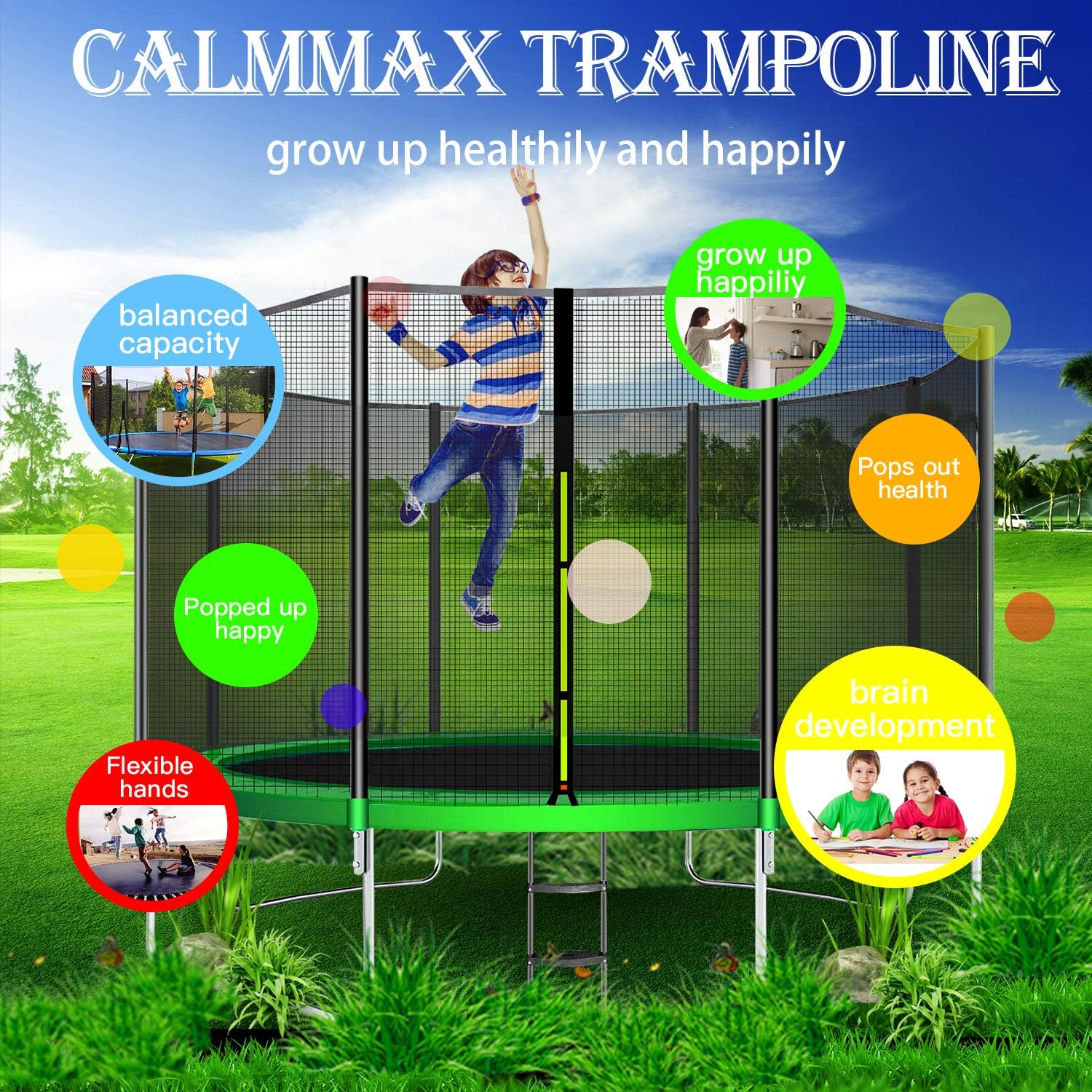 CalmMax Trampoline 12FT 14FT 15FT 16FT Jump Recreational Trampolines with Enclosure Net - ASTM Approved- Combo Bounce Outdoor Trampoline for Kids Family Happy Time