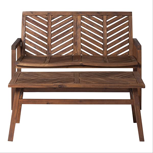 Walker Edison 5 Person Outdoor Wood Chevron Patio Furniture Dining Set Table Chairs Bench All Weather Backyard Conversation Garden Poolside Balcony, 4 Piece, Brown Brown 4 Piece Dining Set