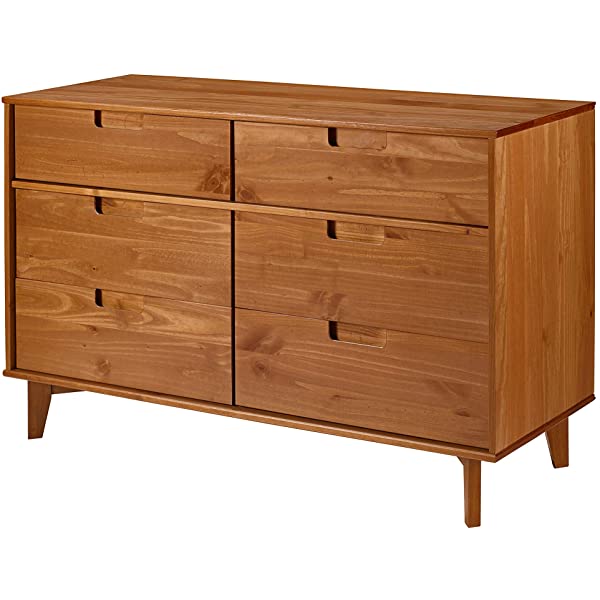 Walker Edison Mid Century Modern Grooved Handle Wood Dresser Bedroom Storage Drawer Organizer Closet Hallway, 6 Drawer, Caramel Caramel 1 pack 6 Drawer