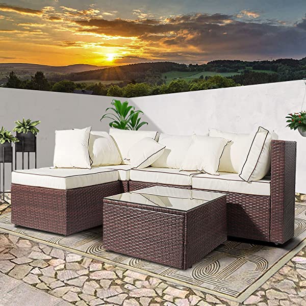 AWQM 5 Pieces Patio Furniture Sets All Weather Outdoor Sectional Sofa Manual Weaving Wicker Rattan Patio Conversation Set with Cushion and Glass Table, Brown 5 Piece Patio Furniture Sets