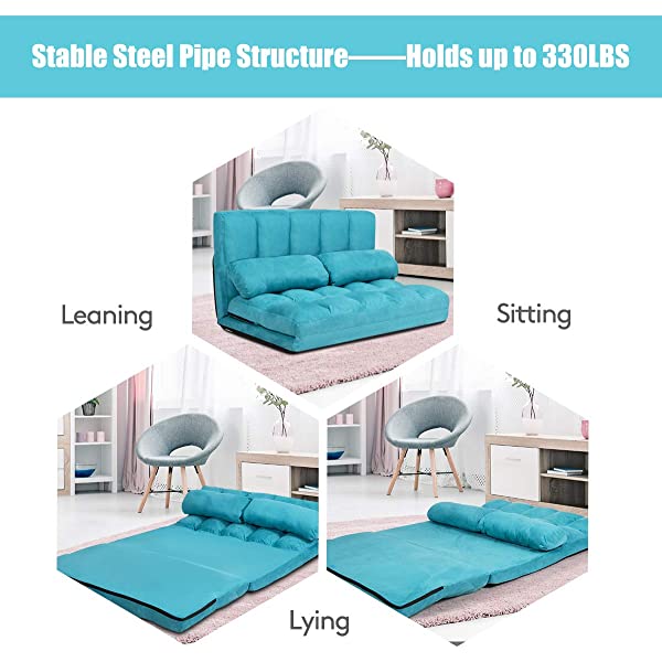 Giantex Adjustable Floor Sofa, Foldable Lazy Sofa Sleeper Bed 6-Position Adjustable, Suede Cloth Cover, Floor Gaming Sofa Couch with 2 Pillows for Bedroom/Living Room/Balcony (Blue)